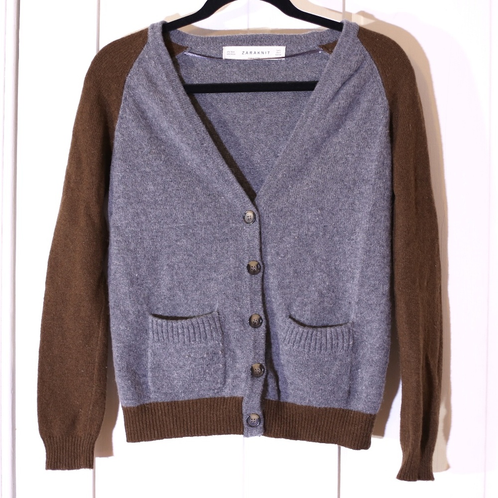 Zara Gray Contrast Knit Wool Blend Cardigan